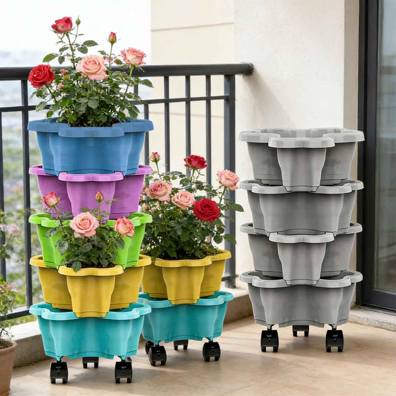Vertical Planter Tower - Vaso de Plástico Multicamadas com Rodízios